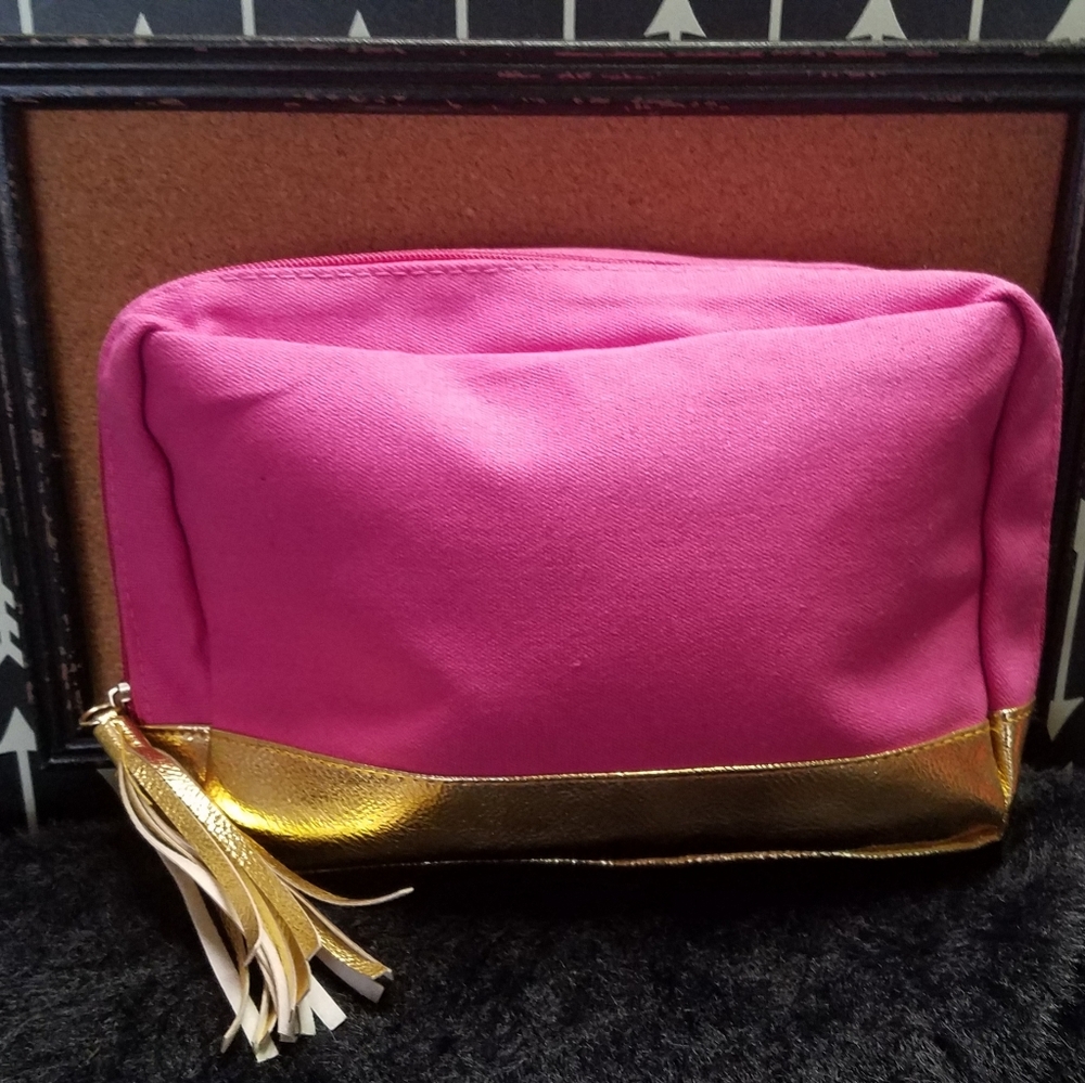 Brand new pink makeup bag with gold vegan leather